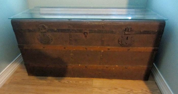 Antique trunk with custom glass top (removable)