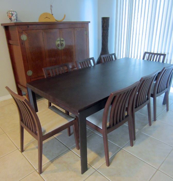 Dining table with end leaves and EIGHT chairs (from Spain), large Chinese chest and tall decorative piece