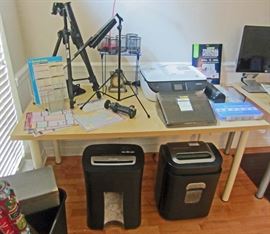 Large shredders, work tables, printer, camera tripod items