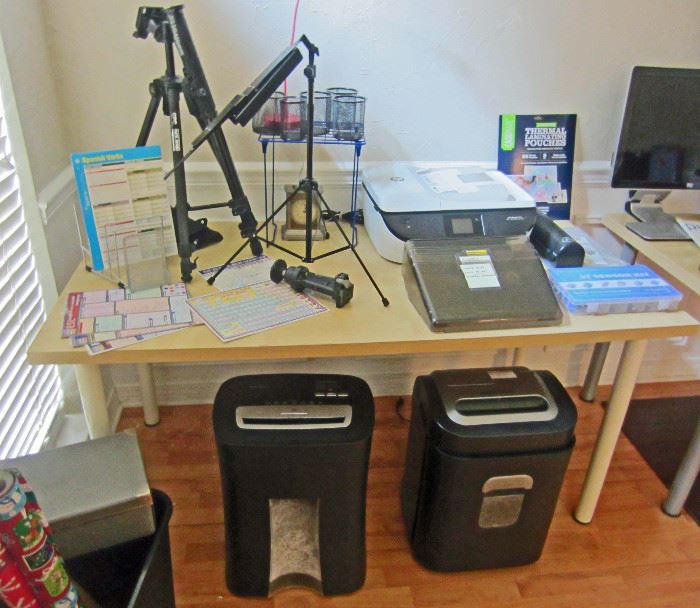 Large shredders, work tables, printer, camera tripod items