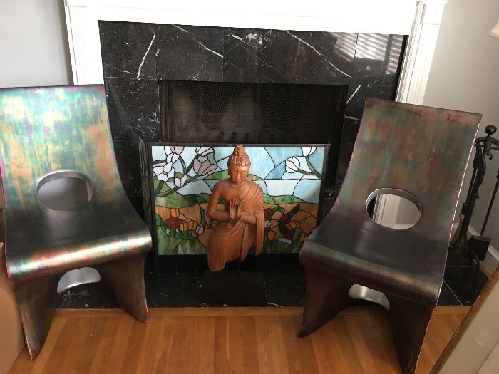 Stain glass fire screen and tibetan statue 