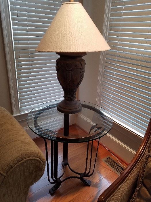 bronze metal end tables, glass top, urn shaped lamps