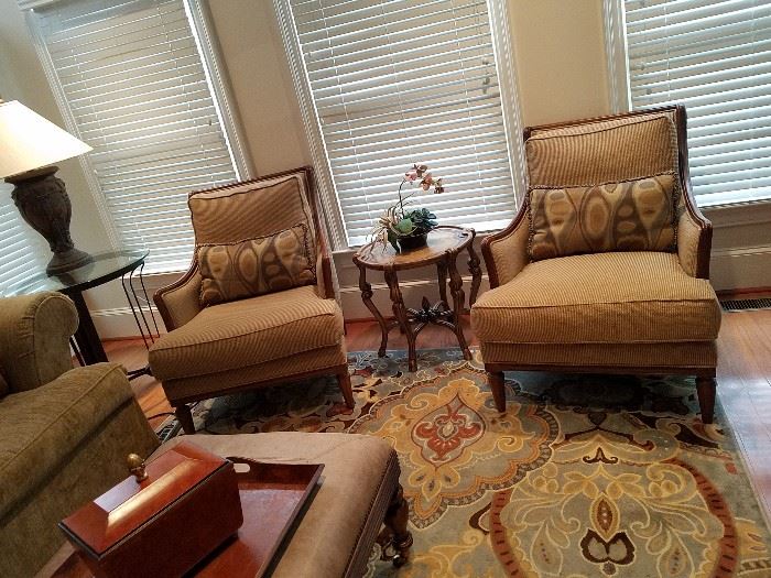 Century Arm Chairs with Ottomans, Coffee Table/Bench, Sofa, Rug, 