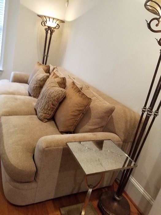 Century sofa, dec pillows, lamps, mirror top end tables