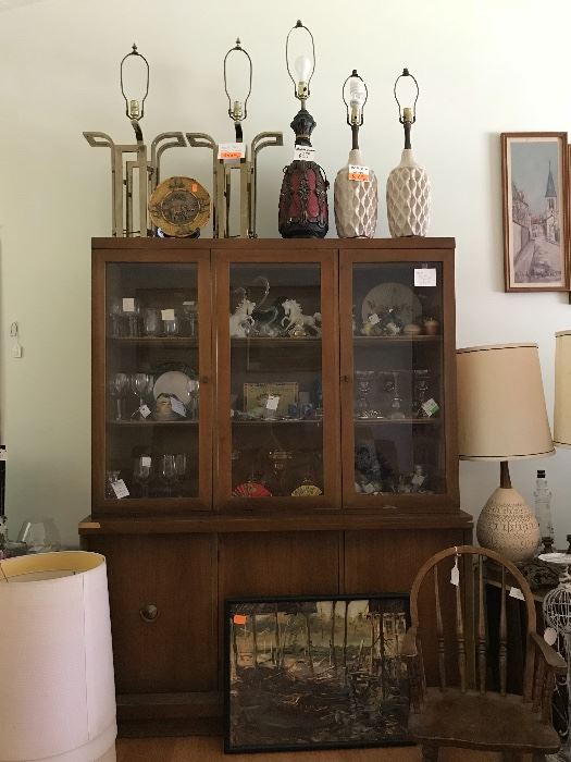 MCM Display Cabinet and lamps (lamps on top right and side right SOLD). Child’s rocker. MCM end tables. Artwork. Accessories.