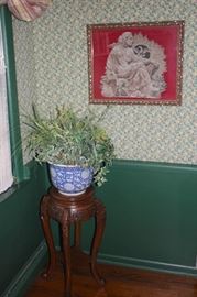 Carved Pedestal with Potted Plant and Art