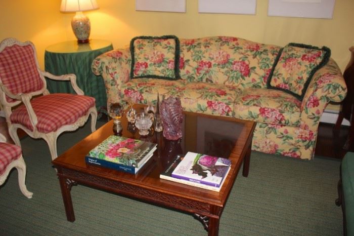 Floral Sofa, Square Wood Coffee Table, Pair of Side Chairs with Red Plaid Upholstery, Decorative Pillows and Lamp