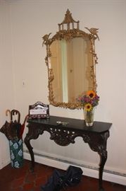 Carved Foyer Table with Gold Framed Mirror, Umbrella Stand and Decorative