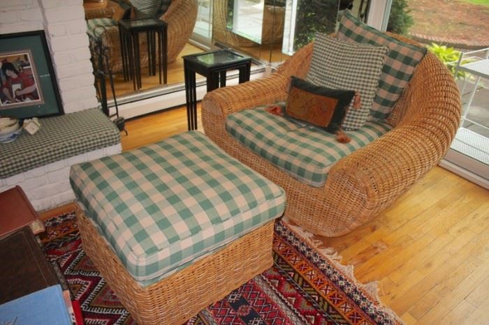 Wicker Chair and Ottoman with Plaid Green Cushions, Small Square Occasional Table and more 
