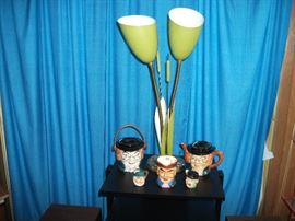 Retro Lamp. Toby Mug Pitcher, Teapot, Salt & Pepper, and Biscuit Jar.