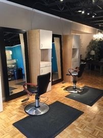 Hydraulic salon chairs, work mats, mirrors, work stations