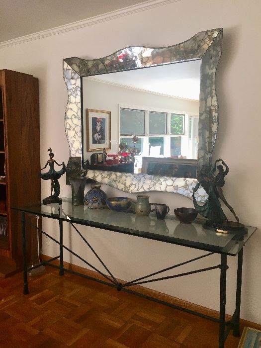 Mirror, French Gres pottery & huge iron & glass console table 