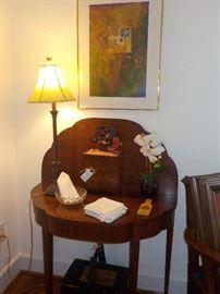 Henkel Harris lift top table, Pam Ogden artwork, collection of miniatures, Chinese wedding box