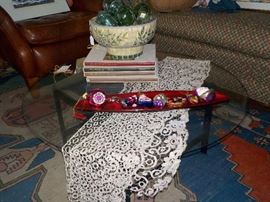 Vintage Christmas ornaments, glass top table
