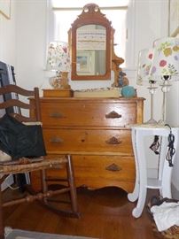 19th c pine dresser, rocker, painted table, contemporary lamps