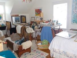 mid-20th c cedar blanket chest, dhurrie rugs, art supplies