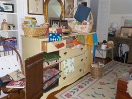 Painted dresser, framed needlework, miscellaneous 