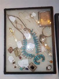 Navajo sterling squash blossom necklace, assorted sterling jewelry and flatware