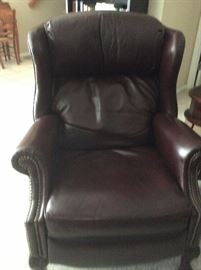 Top Grain Burgundy leather high back chair with matching ottoman