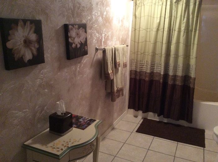 Shower curtain, rug, towels - all coordinating