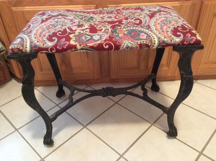 Small wrought iron stool with burgundy paisley print