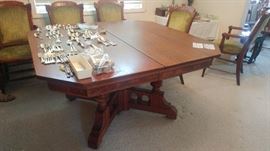 Antique Boatmans's Bank Original Conference Table w/3 leaves and pads and 8 Chairs