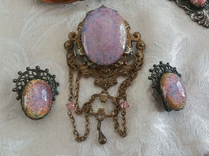 opal glass pin and earrings
