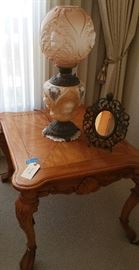 vintage cherub or baby face gone-with-the-wind lamp, electrified...vintage mirror...contemporary side table