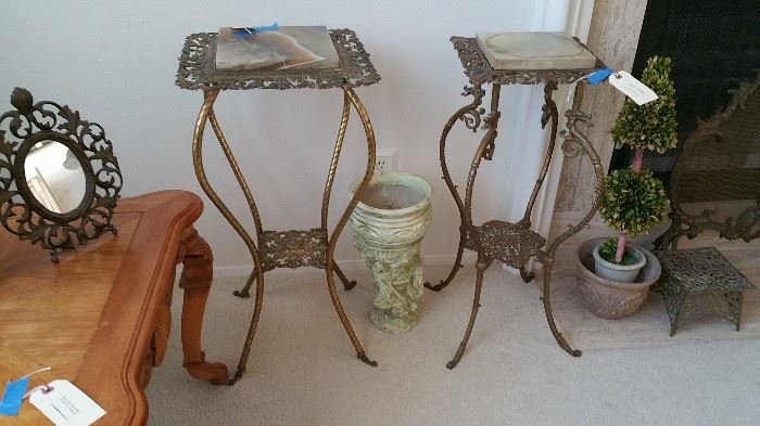 two brass and marble (or alabaster) plant stands