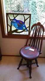 brace back piano stool -- framed stained glass