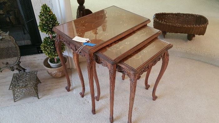 set of 3 nesting tables with marquetry- great condition