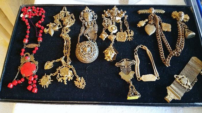 faux chatelaine pins....antique watch fobs and chains