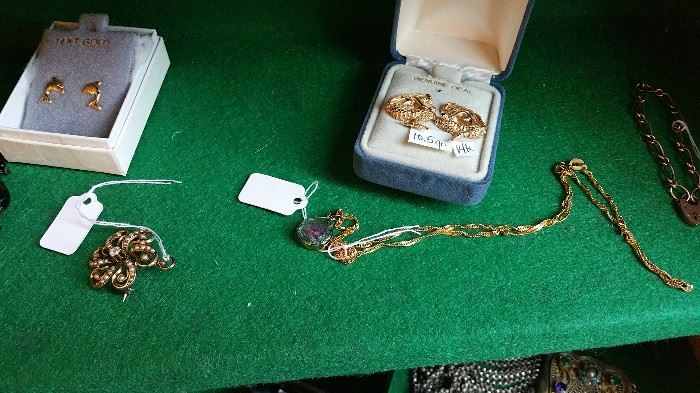 14k gold earrings - 10k seed pearl pin/pendant - 14k necklace