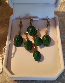 real scarab pendant and earrings with 14k+ settings