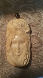 large Alaskan carved pendant - wold , eagle and maiden - wow!