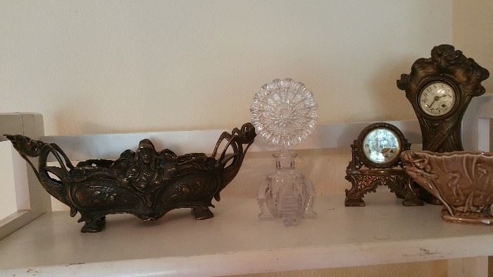art nouveau silver plate bowl - perfume - antique clocks - Wade porcelain fairy dish