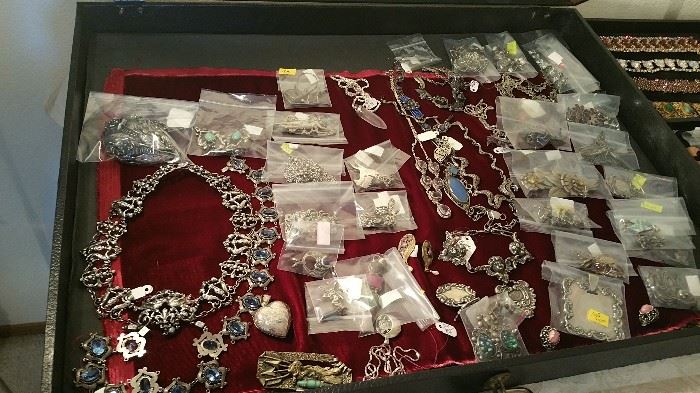 case of sterling jewelry - much is art nouveau maidens and cherubs - marcasite etc