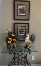 Wine table and rooster prints