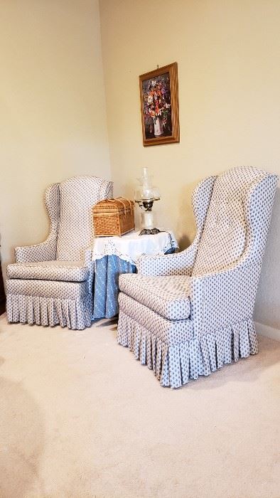 Blue and white wing back chairs