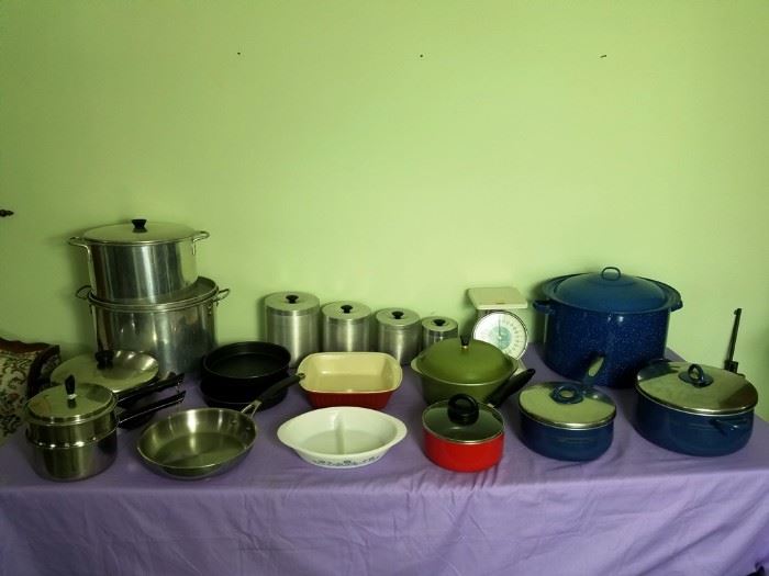 20 Piece Pots, Pans And Canisters:           http://www.ctonlineauctions.com/detail.asp?id=741014