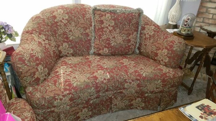 Rust/Red Floral Love Seat by LaZBoy England.  Side Table. 