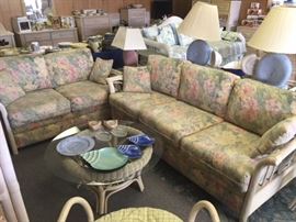 wicker sofa and love seat, wicker and glass coffee table