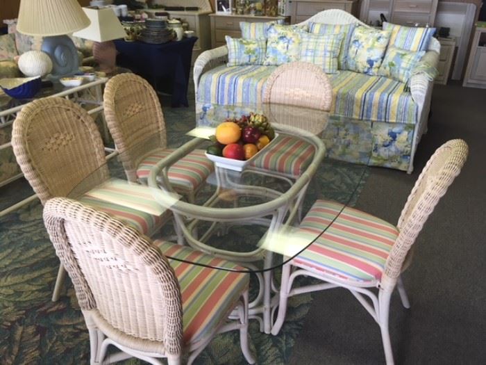 glass top table and 5 wicker chairs 