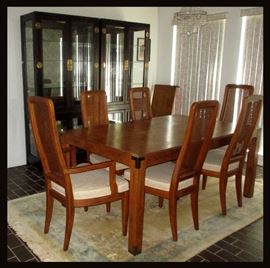 Asian Inspired Dining Room Table with 6 Chairs and 2 Leaves and Large Lighted 2 Pc China Cabinet 