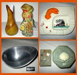Cased Glass Vase, Fish and Coral Vase, Funky Ashtray with a Lobster, Playing Cards & a Train, Nambe Bowl and Small Boxes 