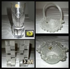 German Crystal Masonic Small Vase, Fenton Pieces and Mid Century Modern Lucien Piccard Candle Holders 