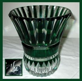 Impressive Green Cut to Clear Signed Vase 