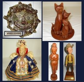 Lorine Moran Raku, Wooden Kitties, Fancy Doll and Wooden Statues 