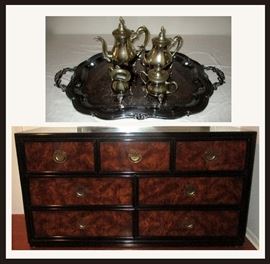Nickel Silver Tea and Coffee Set on Silver Plated Tray and Asian Inspired Dresser 
