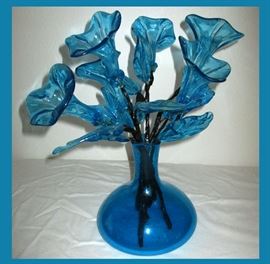 Pretty Blue Glass Flowers in Blue Glass Vase 